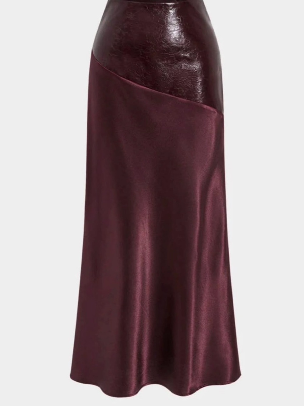 Commense Faux Leather Panel Asymmetric Satin Maxi Skirt in Deep Burgundy